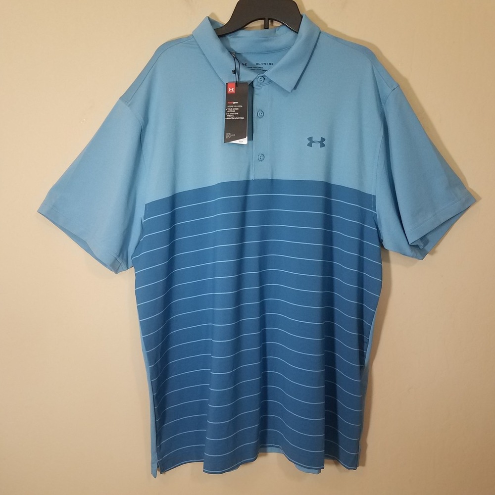UA Under Armour Polo Men‎ 3XL Performance Golf Casual S/S Striped Blue NEW